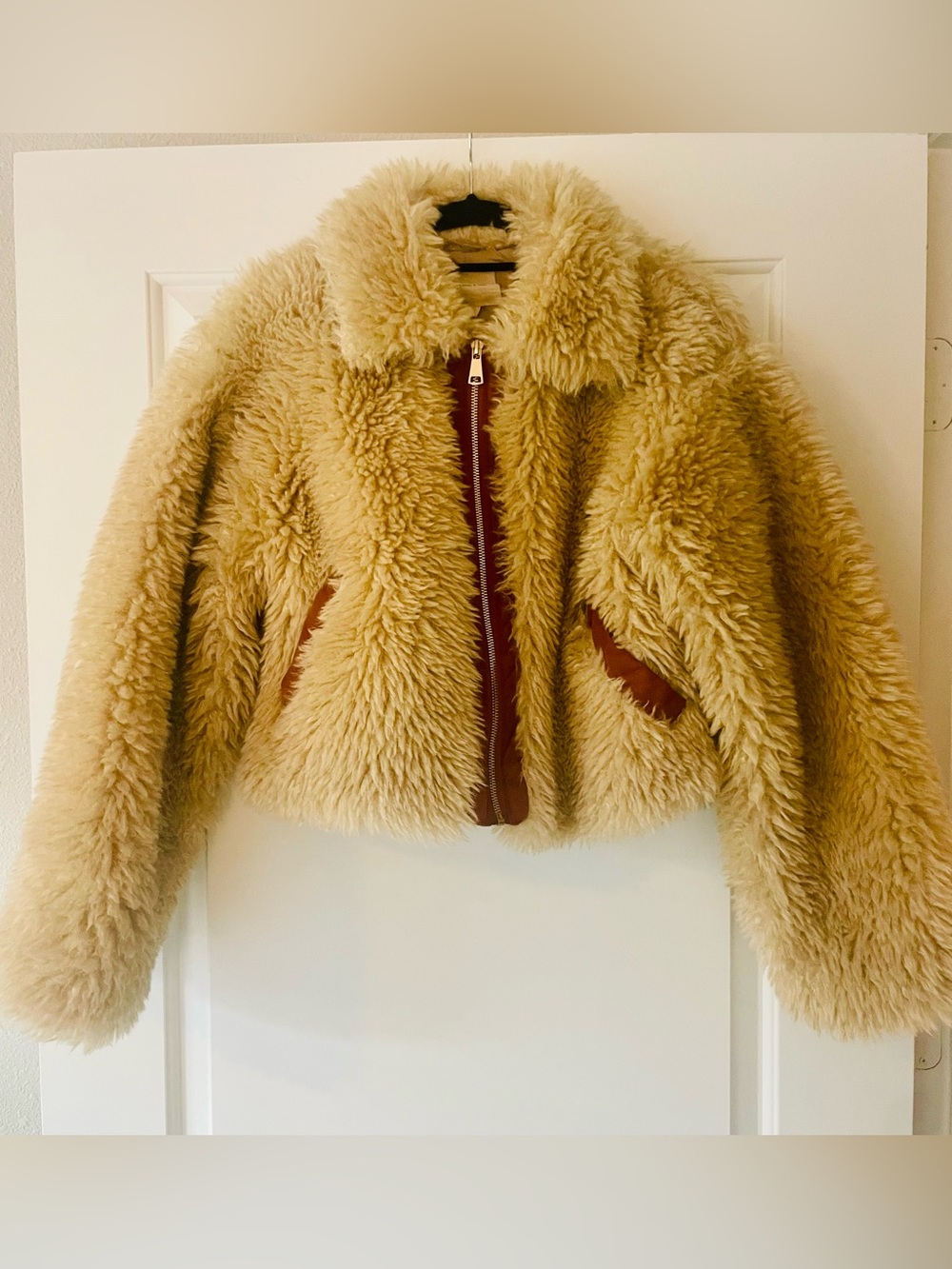 Chelsea & Violet Cream Faux Shearling Teddy Jacket with Brown Trim